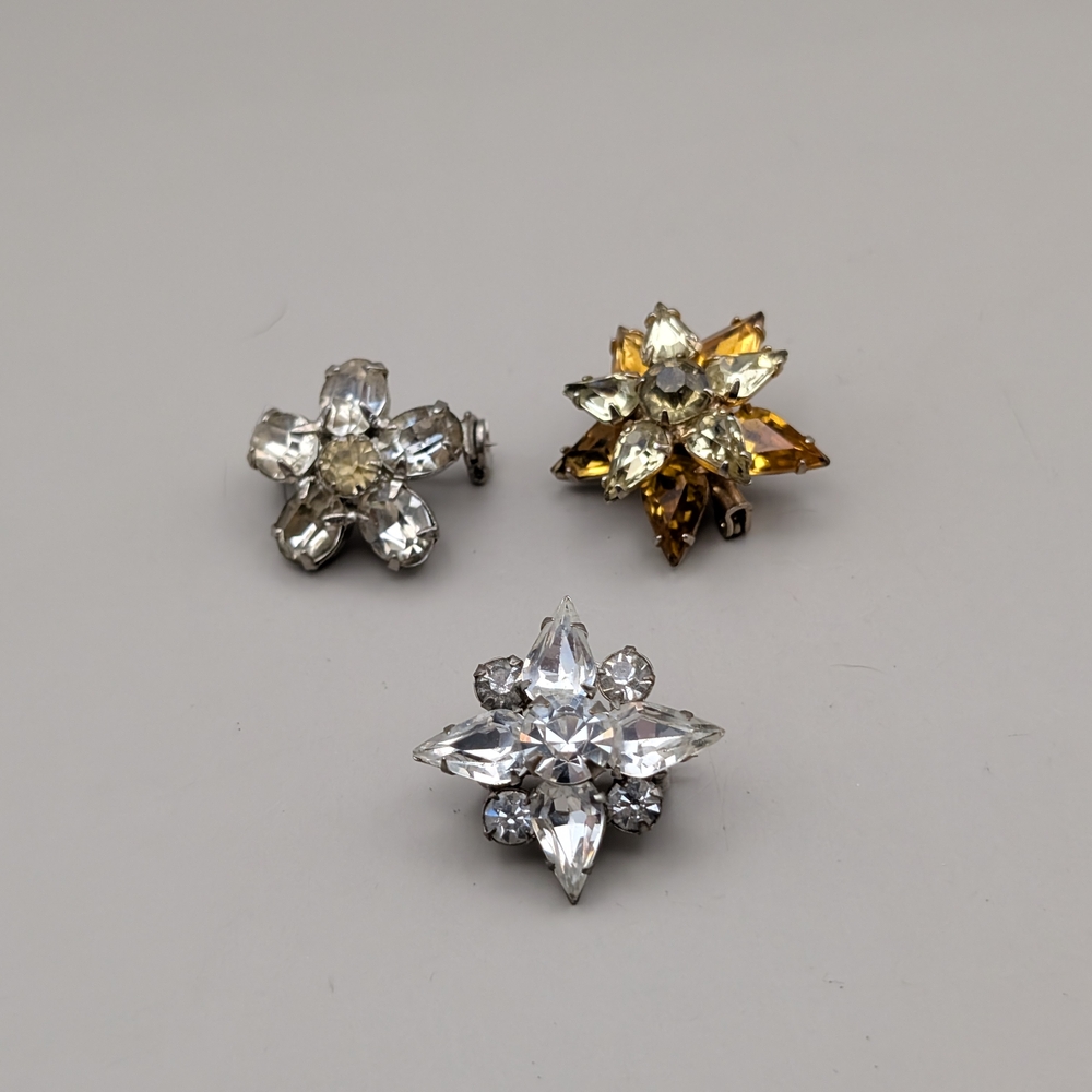 Vintage Star Crystal x3 Brooch Lot Small Clear Amber